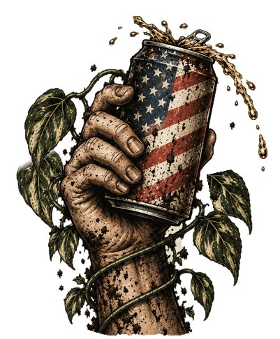 Dirt-covered hand rising from the soil holding a stars-and-stripes beer can wrapped in leafy vines